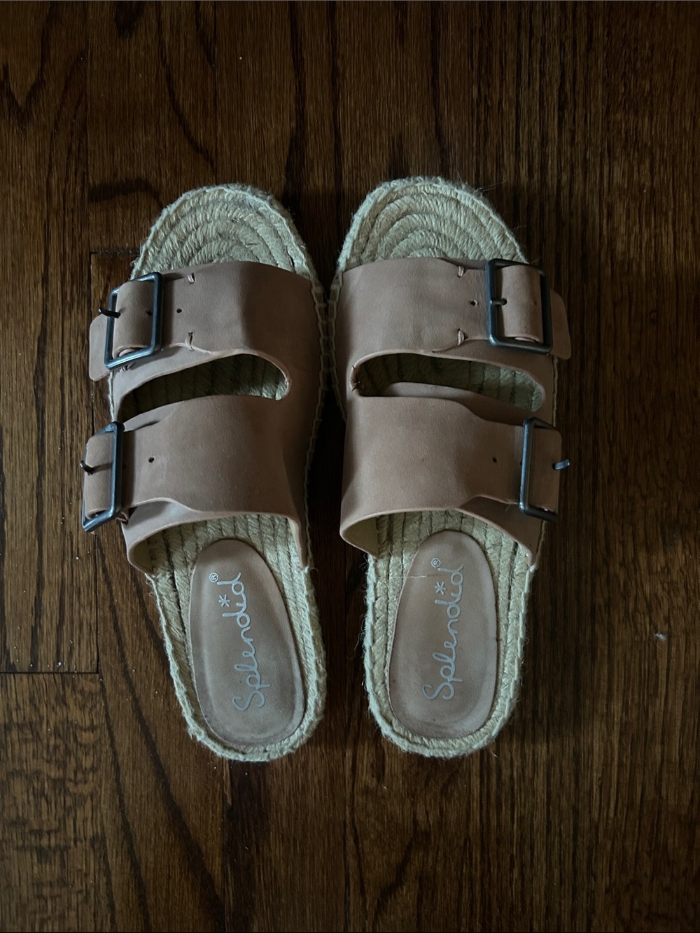 Splendid Leather Double-Buckle Espadrille Slide Sandals in Tan